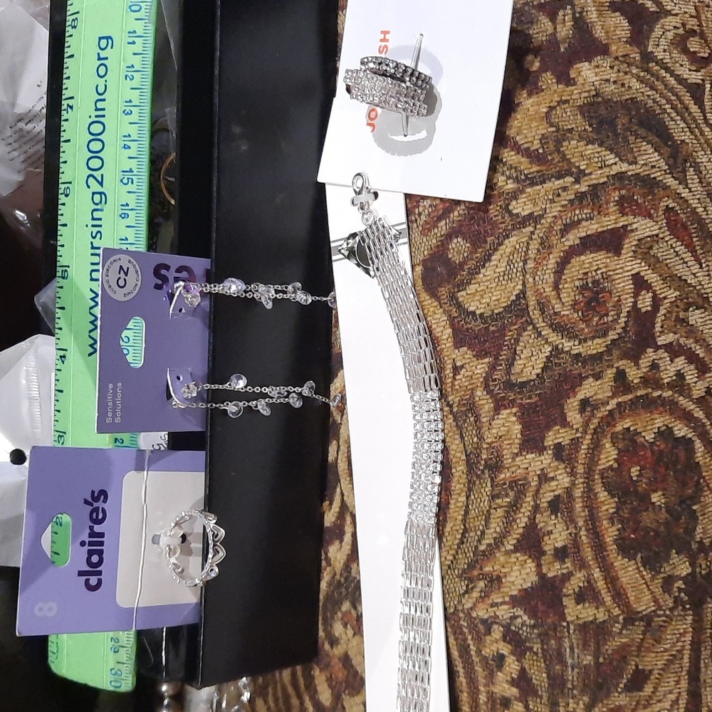 LOT OF FASHION BLING JEWELRY SeXy Dangle CZ Earrings Tennis Bracelet 4 Pc Rings